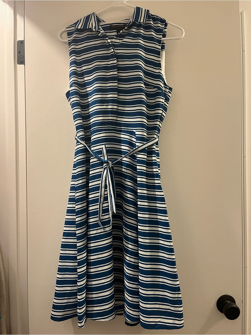 Banana Republic Blue and White Striped Sleeveless Shirt Dress with Tie Waist